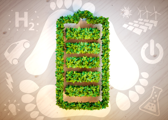 Das Bild zeigt im Vordergrund eine grüne Anpflanzung in Form einer aufgeladenen Batterie. Im Hintergrund sieht man drei große Fußabdrücke und verschiedene Bilder und Symbole, die mit Energie und Forschung assoziert werden (Glühbirne, Blitz, Auto, H2, Solaranlage, Startknopf, Reagenzglas).