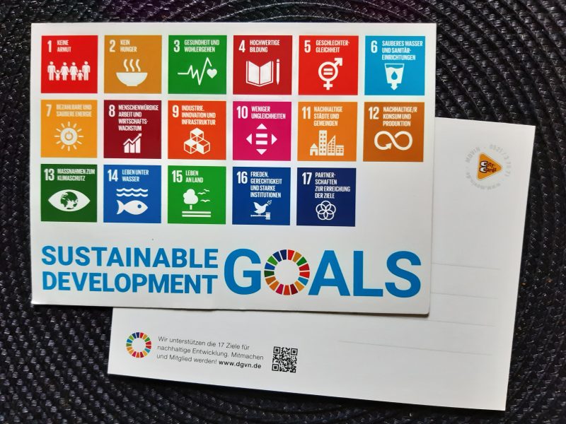 Das Bild zeigt zwei übereinanderliegende Postkarten. Auf der oberen Postkarte sind die 17 Ziele für nachhaltige Entwicklung abgebildet.