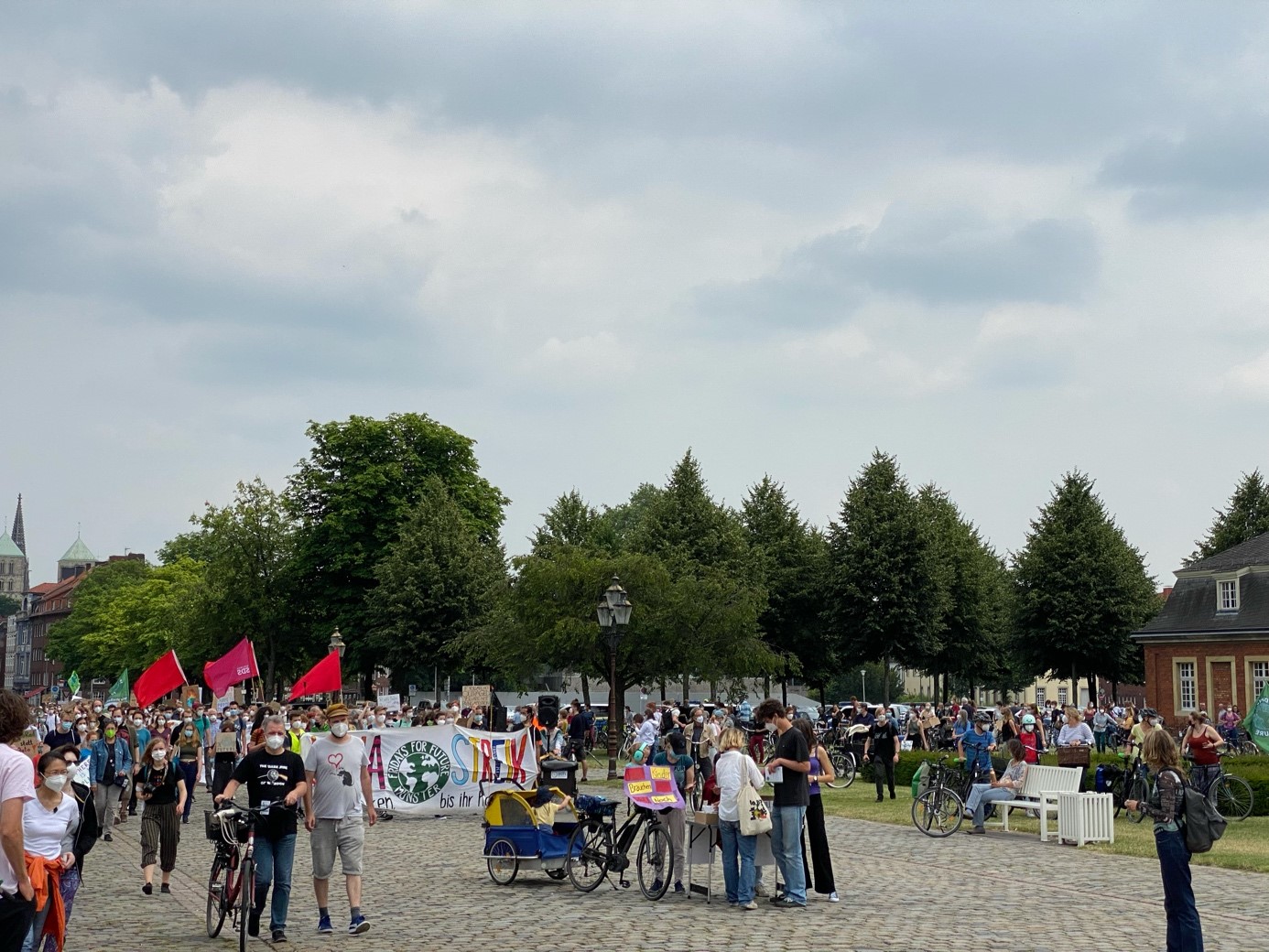 Das Bild zeigt DemonstratInnen und KlimaaktivistInnen auf einer Demonstration von Fridays for Future auf dem Schlossplatz in Münster.